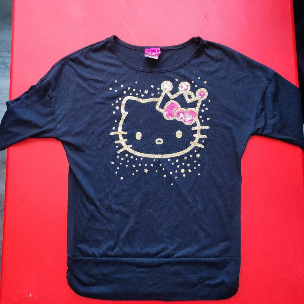 Hello Kitty T-shirt 1/2 long sleeve black with gold graphic design girls' size L